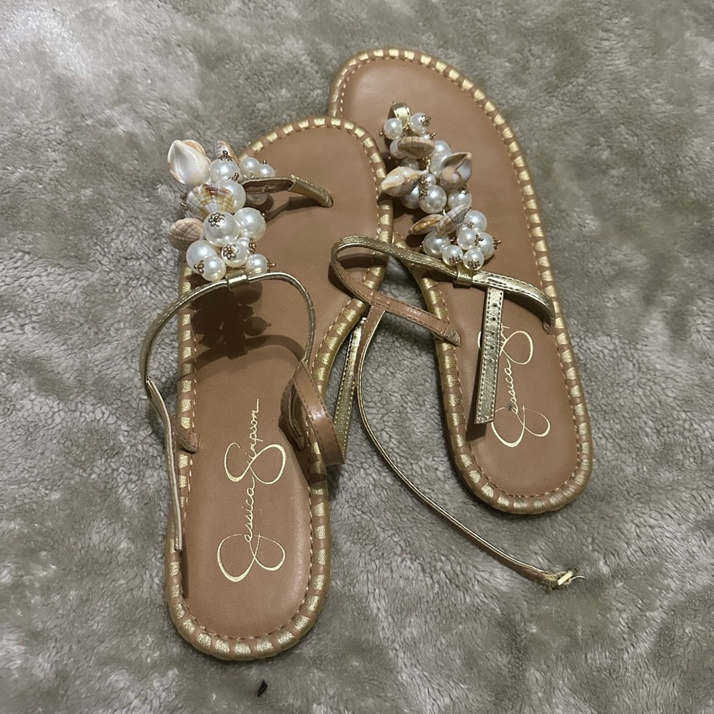 Jessica Simpson Gold and Tan Pearl Sandals